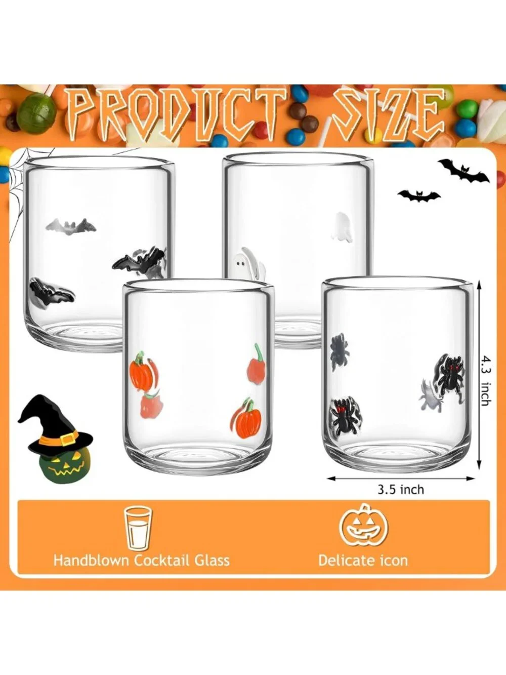 Halloween Icon Glass Cups Set - 4 Pcs, 16oz Pumpkin, Spider, Bat & Ghost Decor